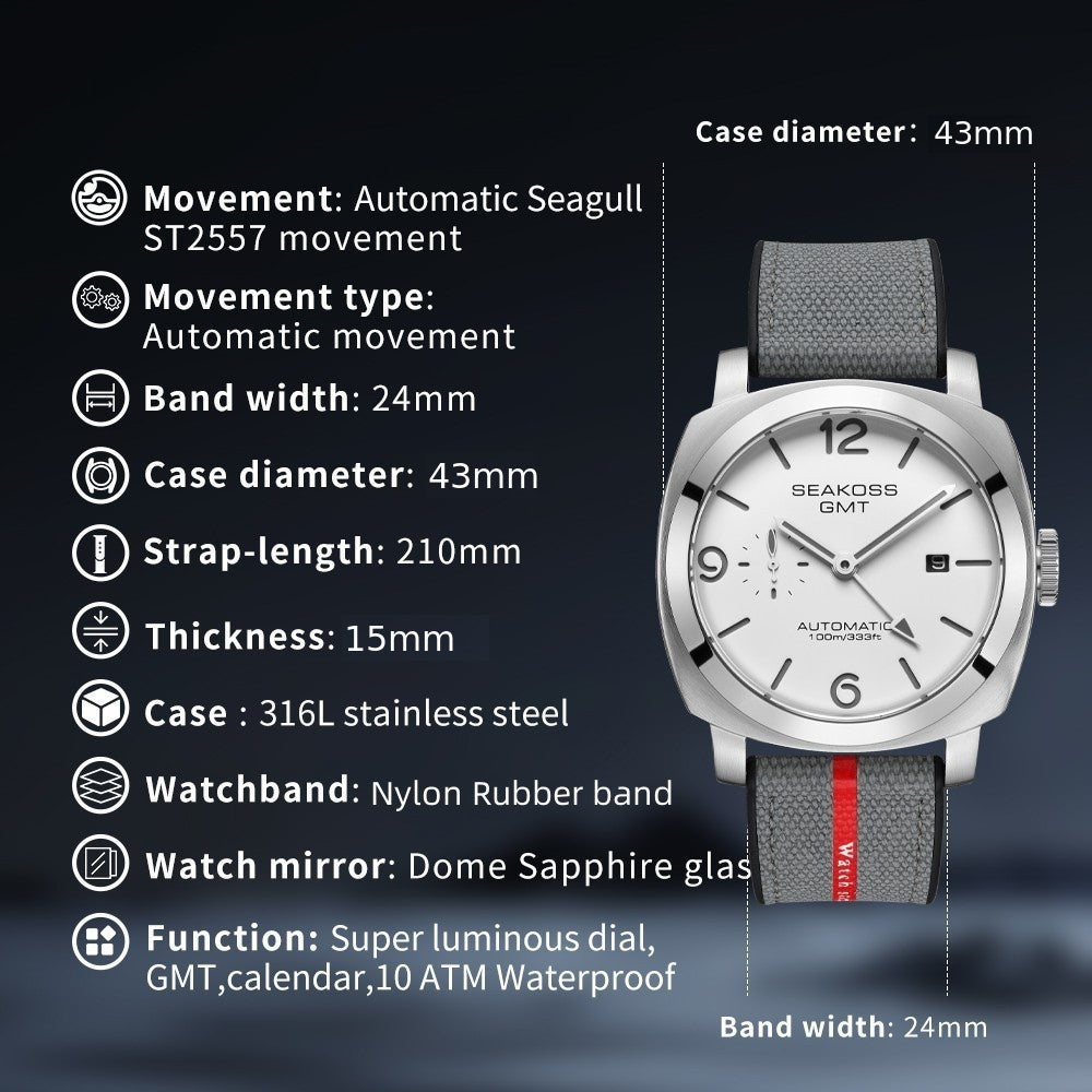 SEAKOSS GMT Automatic Watch for Men 43mm, Self Winding Mechanical Wrist Watch with Seagull ST2557 Movement, Sapphire Crystal, 10ATM Waterproof, Luminous Hands, Stainless Steel Date Watch