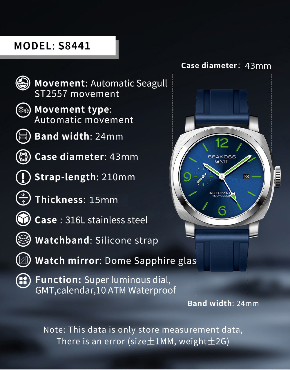 SEAKOSS GMT Automatic Watch for Men 43mm, Self Winding Mechanical Wrist Watch with Seagull ST2557 Movement, Sapphire Crystal, 10ATM Waterproof, Luminous Hands, Stainless Steel Date Watch