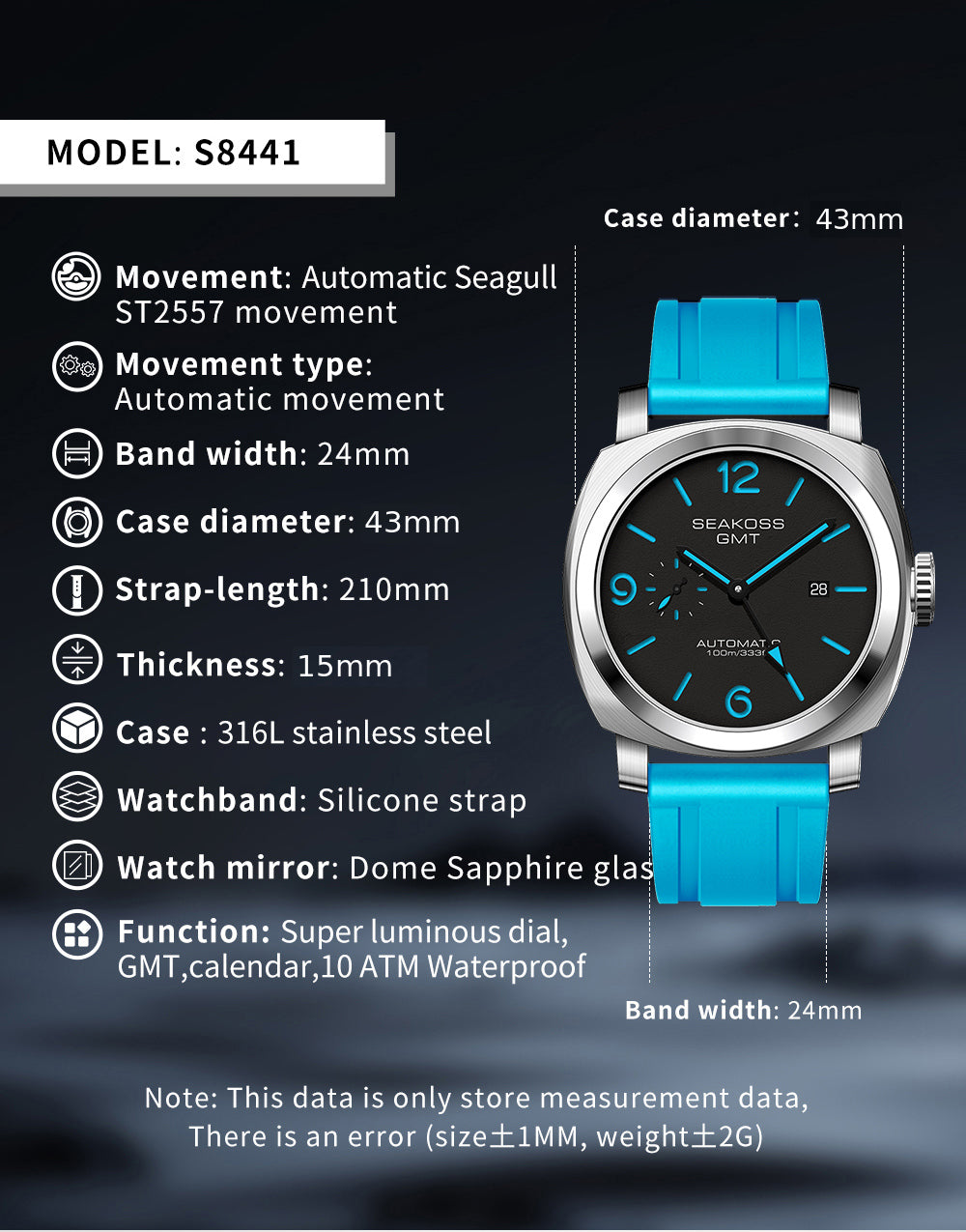 SEAKOSS GMT Watches for Men Automatic 43mm Date 10ATM Waterproof Seagull ST2557 Movement LuminousStainless Steel Sapphire Glass Mechanical Wristwatches