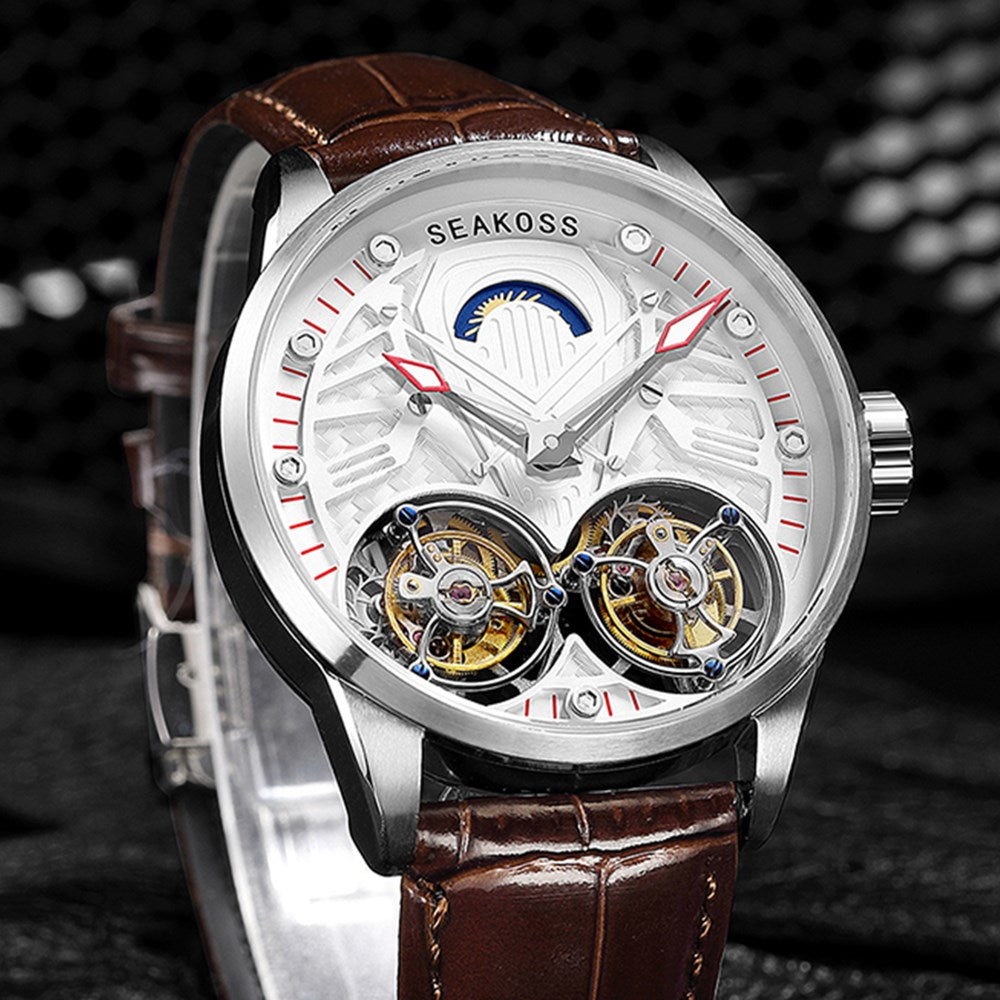 SEAKOSS Luxury Dual Tourbillon Mechanical Watch for Men 42.5mm – Skeleton Dial, Hand-Winding Movement, Sapphire Crystal & Genuine Leather Strap