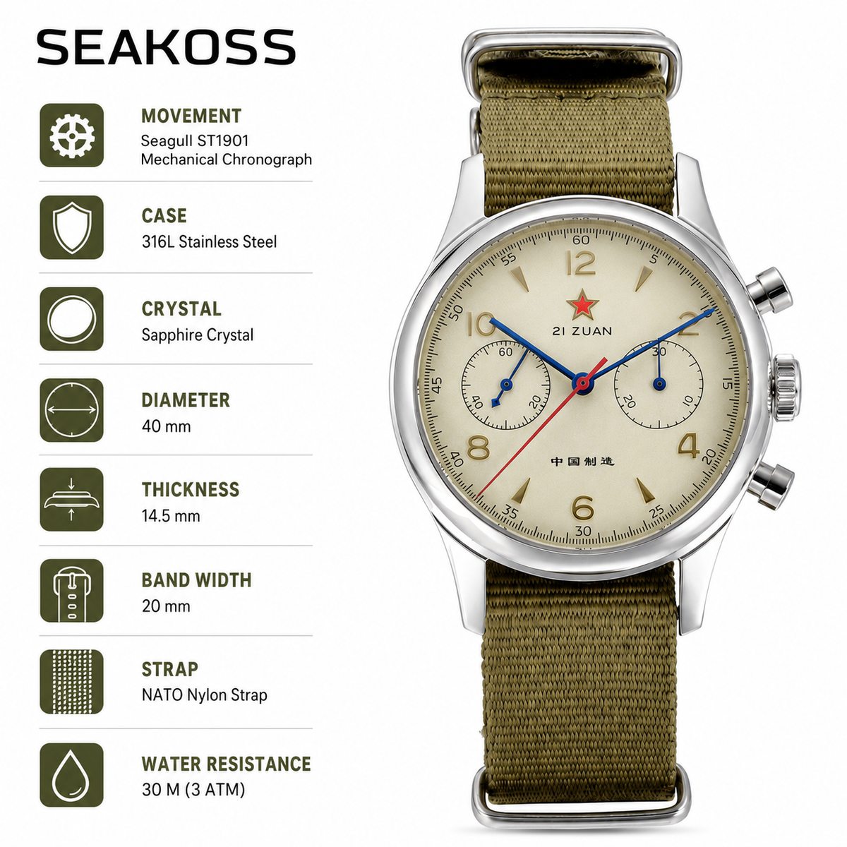SEAKOSS Seagull 1963 Men's Chronograph Watch 40mm Sapphire Glass ST1901 Movement Mechanical Wrist Watches