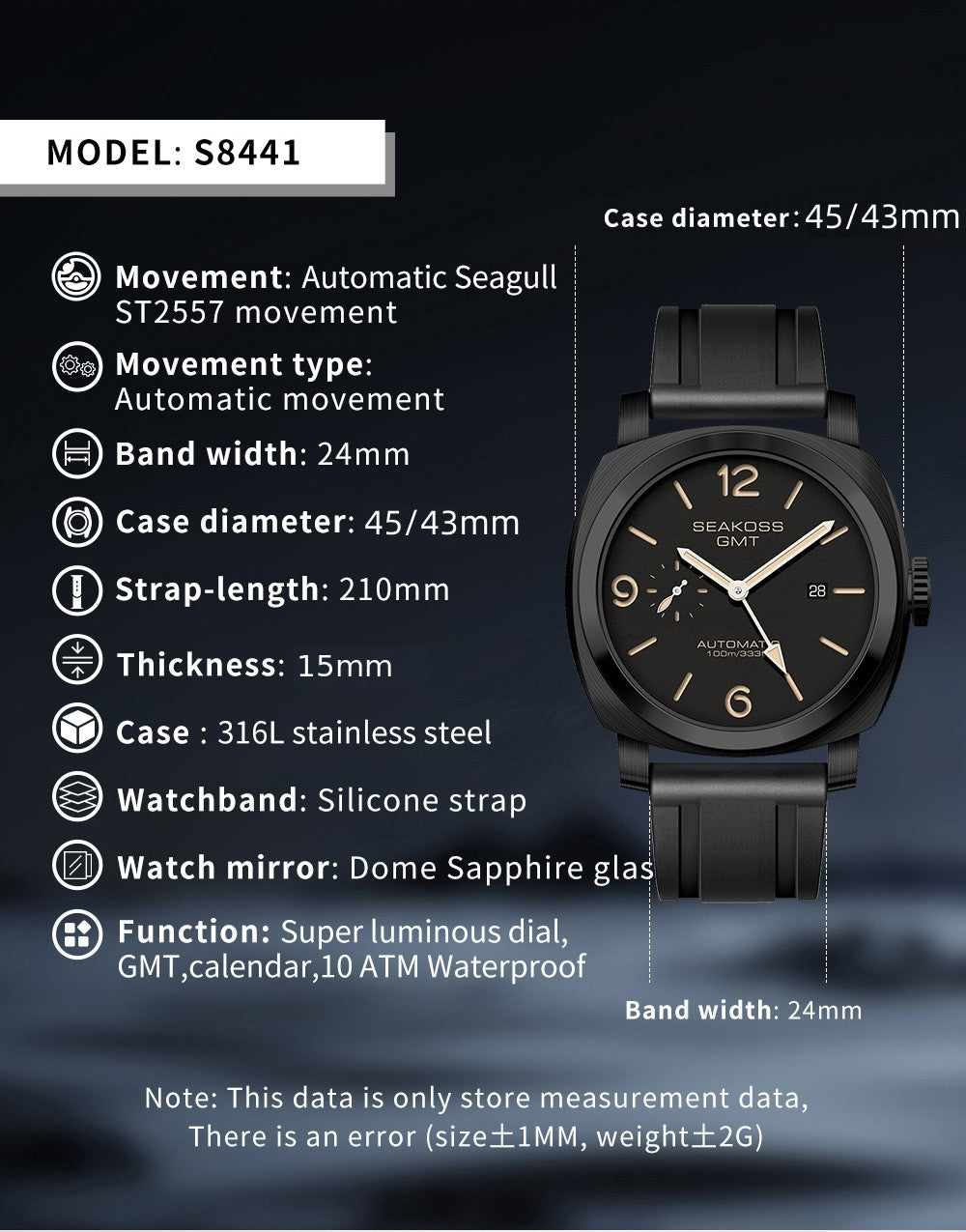 SEAKOSS GMT Watches for Men Automatic 45/43MM Date 10ATM Waterproof Seagull ST2557 Movement LuminousStainless Steel Sapphire Glass Mechanical Wristwatches