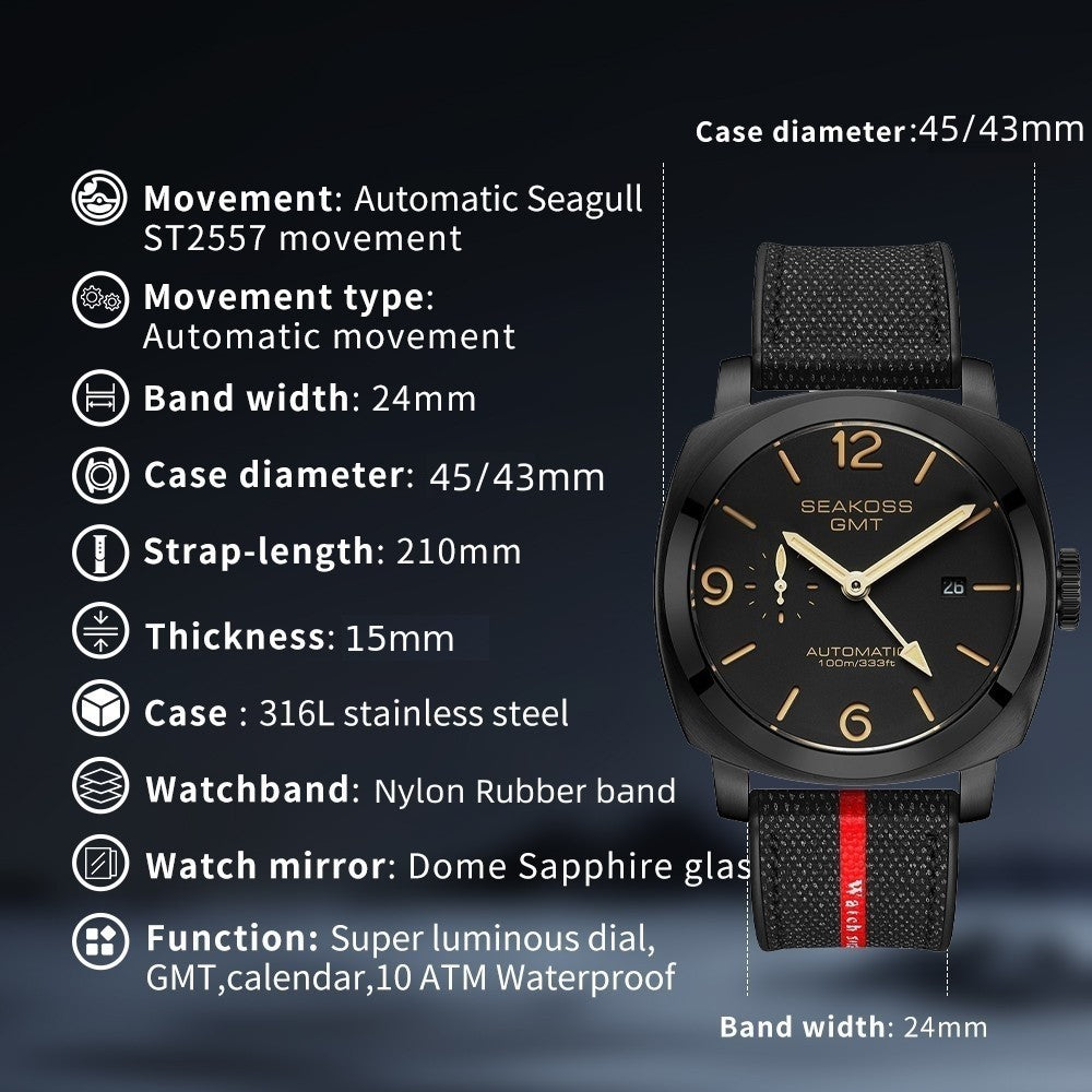 SEAKOSS 45/43mm GMT Automatic Watch for Men – Seagull ST2557 Mechanical Movement, Sapphire Crystal, 10ATM Waterproof Stainless Steel Wristwatch