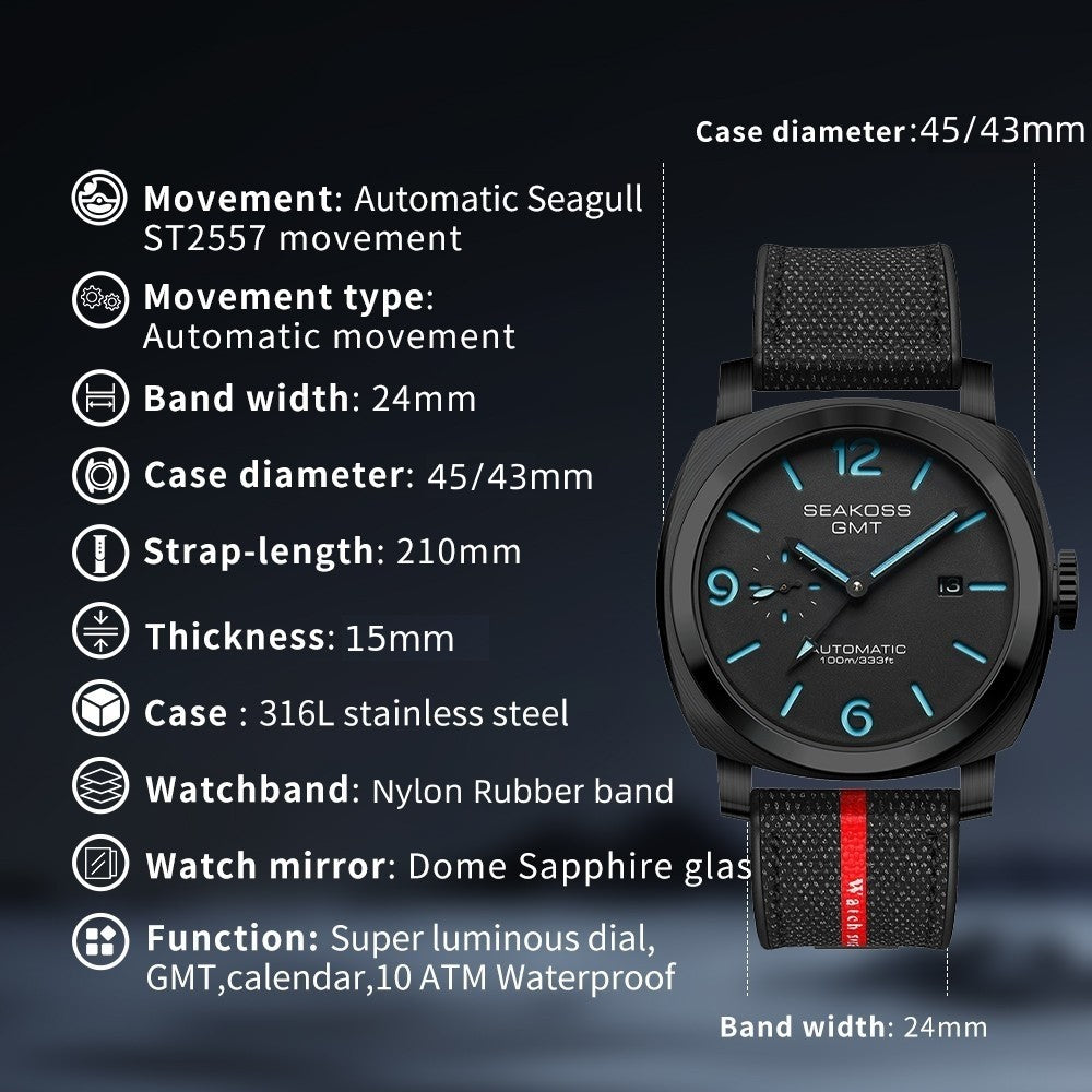 SEAKOSS GMT Automatic Watch for Men | 45/43mm Mechanical Watch with Seagull ST2557 Movement, Sapphire Crystal, 10ATM Waterproof, Stainless Steel