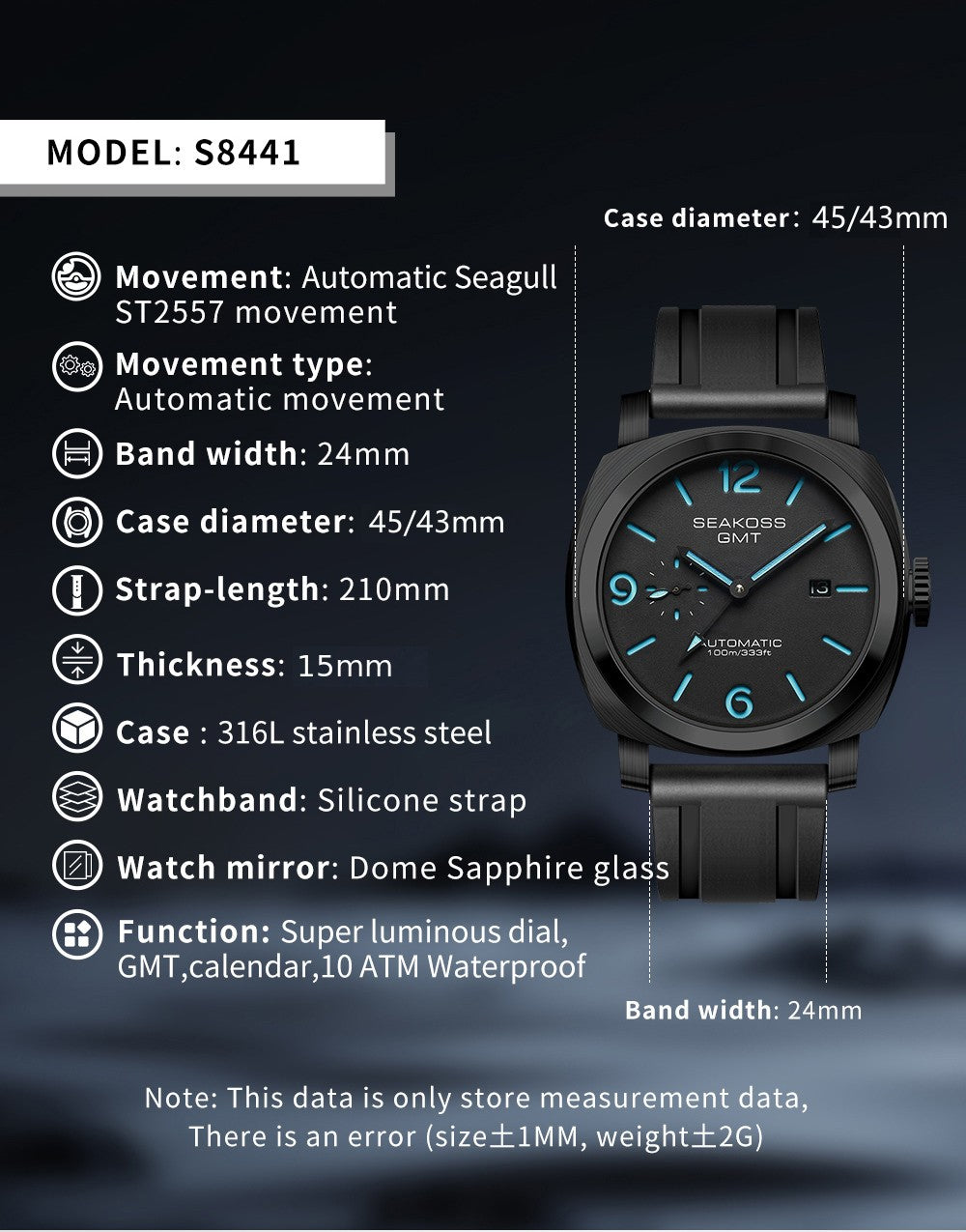 SEAKOSS GMT Automatic Watch for Men, Self Winding Mechanical Wrist Watch with Seagull ST2557 Movement, Sapphire Crystal, 10ATM Waterproof, Luminous Hands, Stainless Steel Date Watch