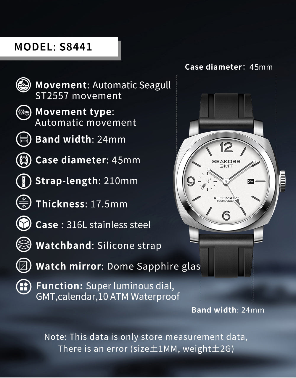 SEAKOSS GMT Men Automatic Watch - Seagull ST2557 Movement, Sapphire Crystal, 316L Stainless Steel Luminous Mechanical Wristwatch for Men