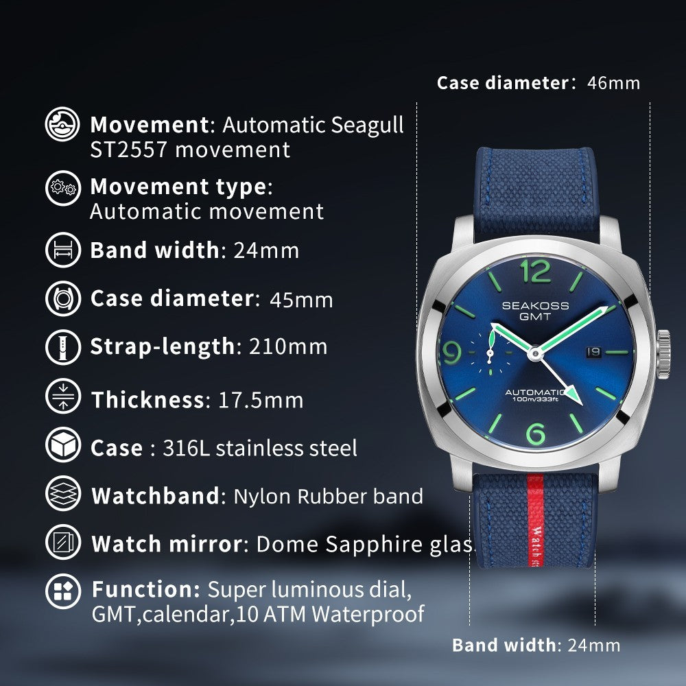 SEAKOSS GMT Automatic Watch for Men | 45mm Stainless Steel Mechanical Watch with Seagull ST2557 Movement, Sapphire Crystal, 10ATM Water Resistant, Luminous Hands
