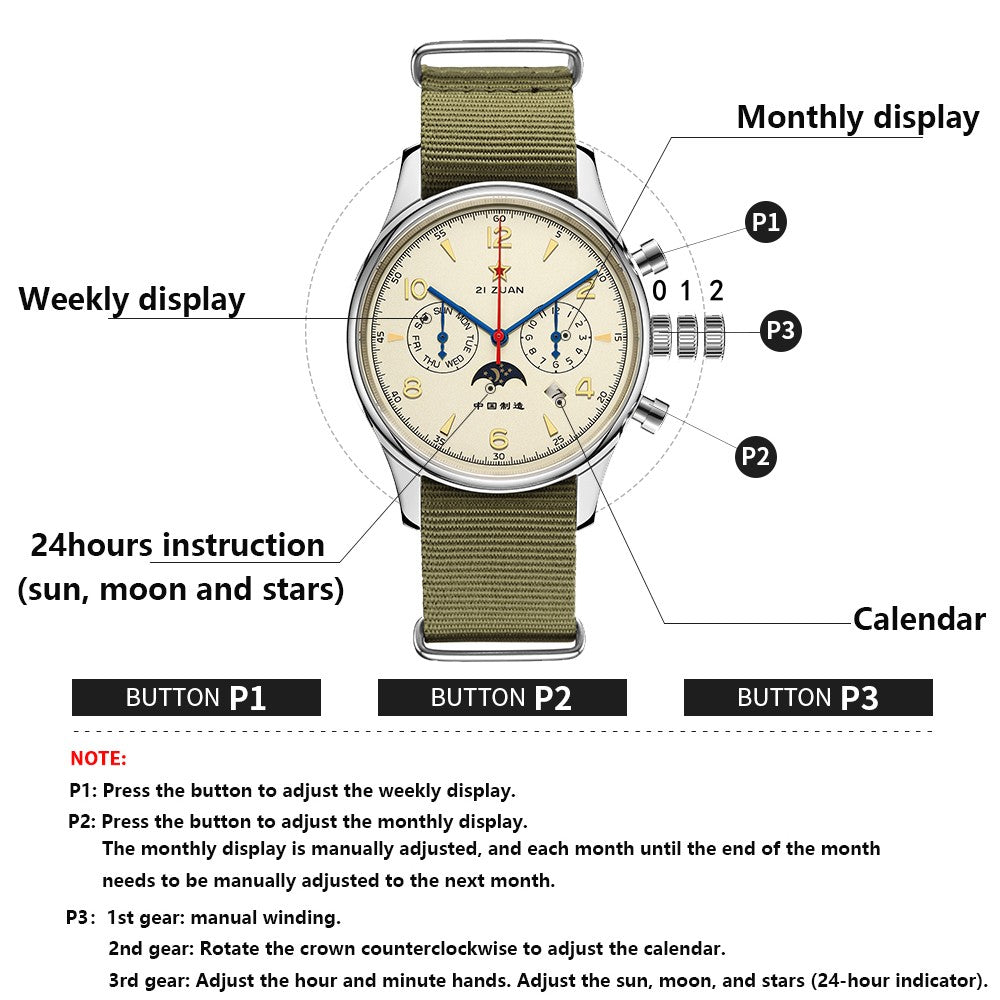 SEAKOSS Men's Classic Automatic Mechanical Wristwatch Seagull ST1654 Movement 24H-Hour Display Air Force Pilot Calendar Mens Watches