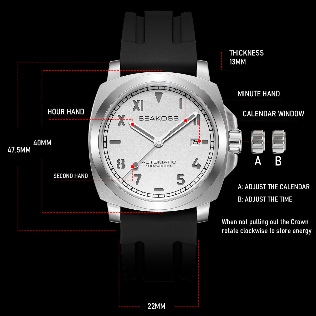 SEAKOSS Luxury Automatic Watch for Men – 40mm Seagull ST1612 Mechanical Movement, Sapphire Crystal, 10ATM Waterproof Sports Watch
