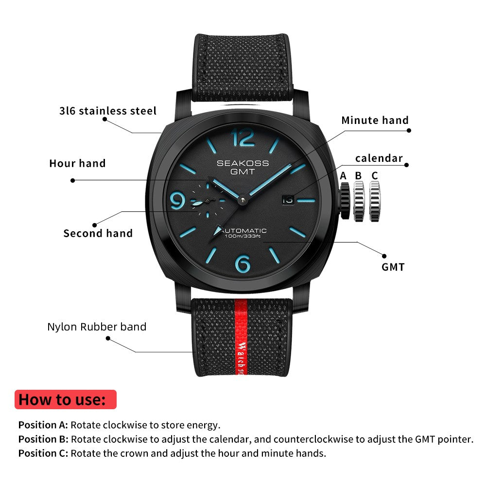 SEAKOSS GMT Automatic Watch for Men | 45mm Mechanical Watch with Seagull ST2557 Movement, Sapphire Crystal, 10ATM Waterproof, Stainless Steel