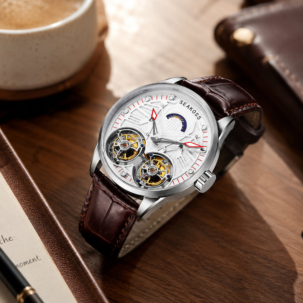 SEAKOSS Top Double Tourbillon Men's Pilot Luxury Skeleton Manual Mechanical Watch Luminous Stainless Steel Leather 1963 Watches