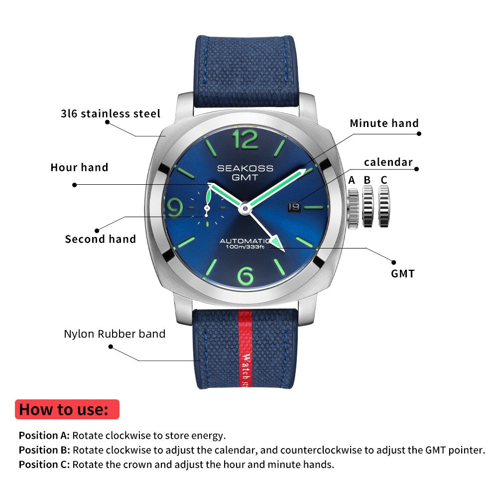 SEAKOSS GMT Automatic Watch for Men | 45mm Stainless Steel Mechanical Watch with Seagull ST2557 Movement, Sapphire Crystal, 10ATM Water Resistant, Luminous Hands