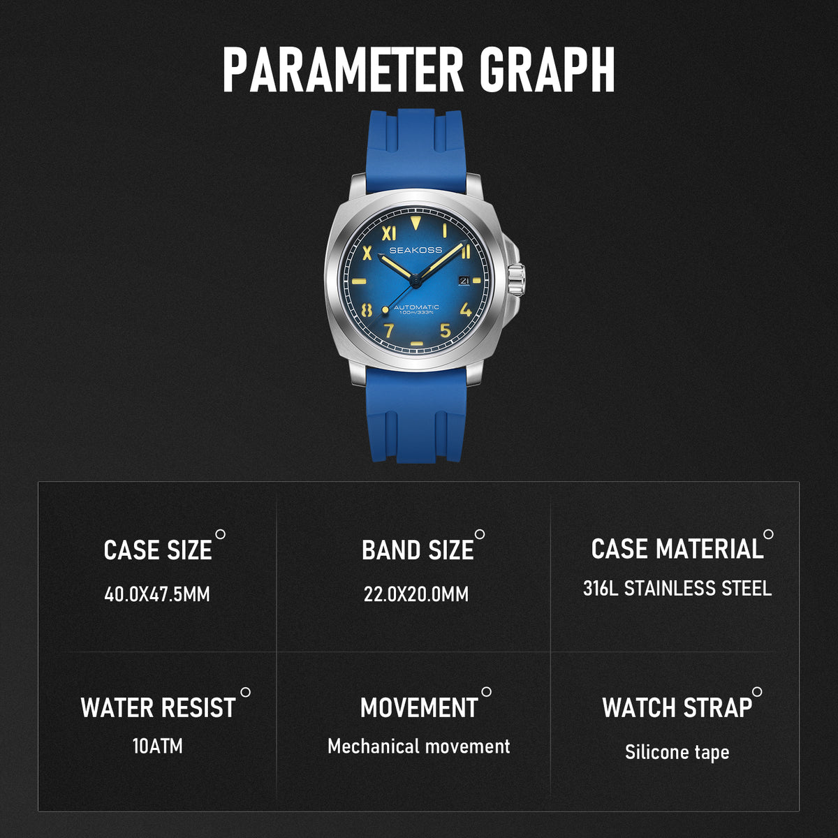 SEAKOSS 40mm Automatic Mechanical Watch for Men – Seagull ST1612 Movement Sapphire Crystal 10ATM Waterproof Luminous Date Display