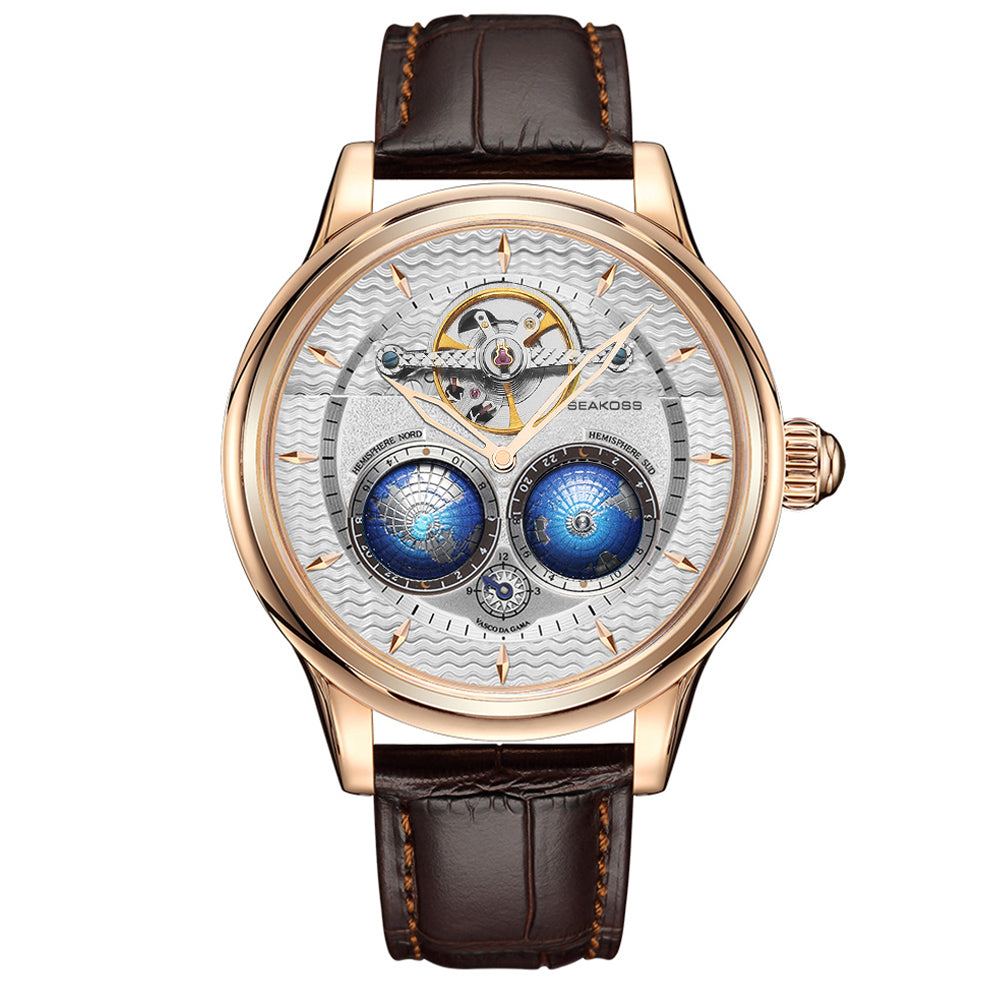 SEAKOSS Male Dual Earth Rotating Mechanical Men's Watch Automatic Movement Waterproof Clock Pilots 1963 Flywheel Wristwatches