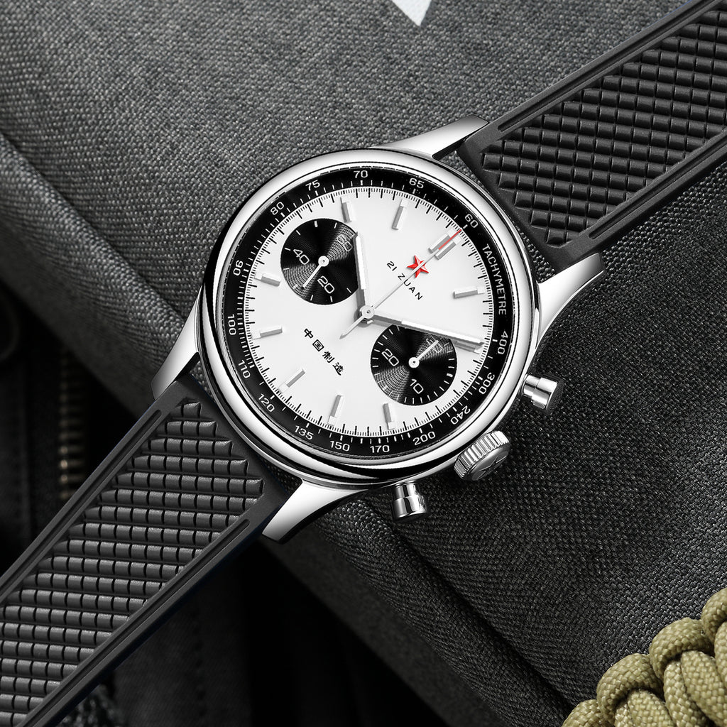 Seagull 1963 40mm Panda Chronograph Men Black FKM Silicone Strap Sapphire Luminous Mechanical Wrist Watches