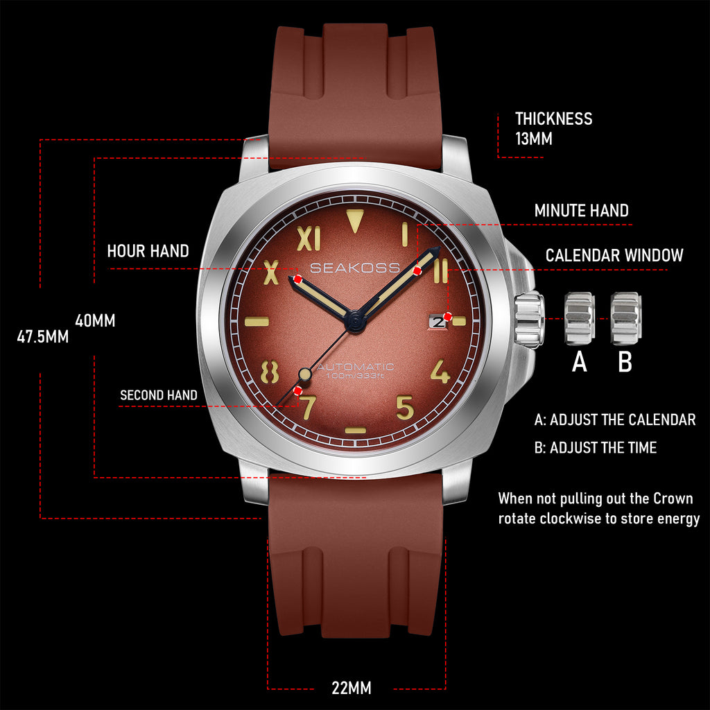 SEAKOSS 40mm Men's Automatic Watch – Seagull ST1612 Self-Winding Mechanical Movement, Sapphire Crystal, 10ATM Waterproof, Luminous Date Watch