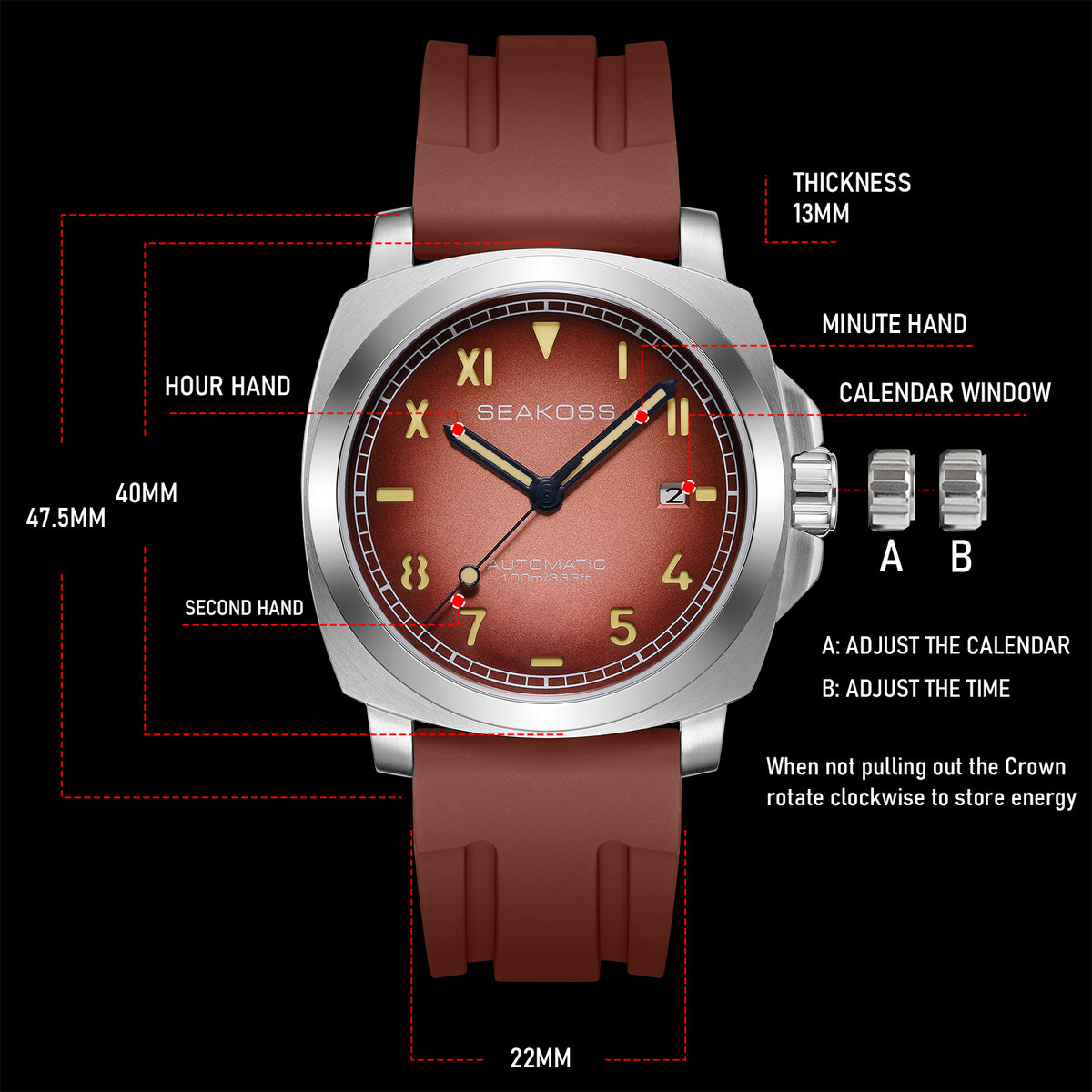 SEAKOSS 40mm Men's Automatic Watch – Seagull ST1612 Self-Winding Mechanical Movement, Sapphire Crystal, 10ATM Waterproof, Luminous Date Watch