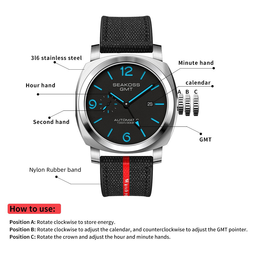 SEAKOSS GMT Automatic Watch for Men | 45mm Mechanical Watch with Seagull ST2557 Movement, Sapphire Crystal, 10ATM Waterproof, Stainless Steel