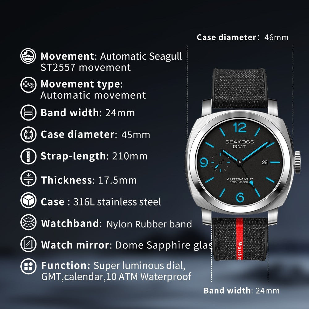 SEAKOSS GMT Automatic Watch for Men | 45mm Mechanical Watch with Seagull ST2557 Movement, Sapphire Crystal, 10ATM Waterproof, Stainless Steel