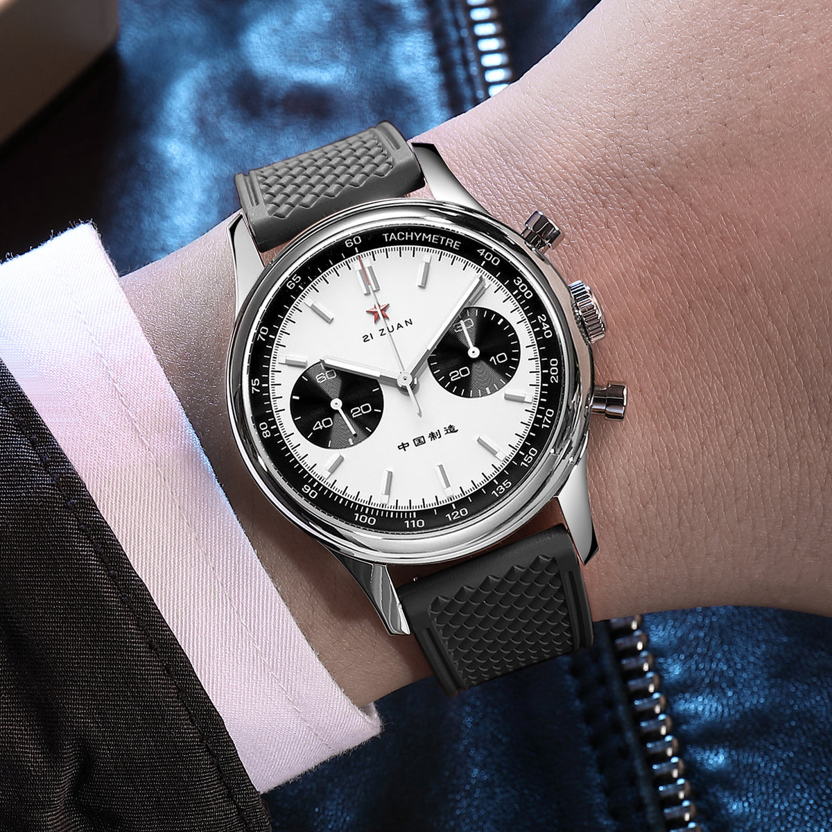 Seagull 1963 40mm Panda Chronograph Men Black FKM Silicone Strap Sapphire Luminous Mechanical Wrist Watches