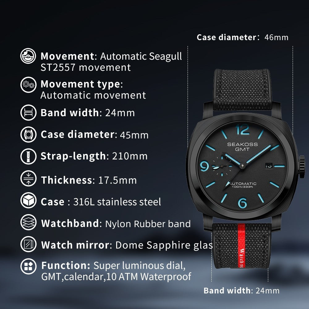 SEAKOSS GMT Automatic Watch for Men | 45mm Mechanical Watch with Seagull ST2557 Movement, Sapphire Crystal, 10ATM Waterproof, Stainless Steel