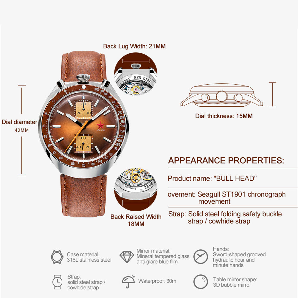 Red Star Bullhead Series 1963 Chronograph ST1901 Movement Super Luminous 42mm Pilots Men's Mechanical  Wristwatches Gooseneck