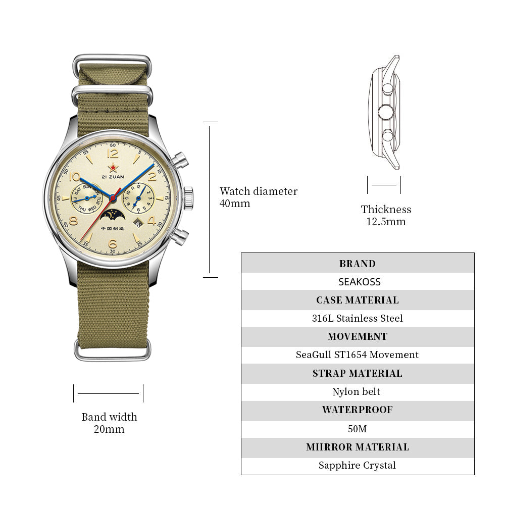 SEAKOSS Men's Classic Automatic Mechanical Wristwatch Seagull ST1654 Movement 24H-Hour Display Air Force Pilot Calendar Mens Watches