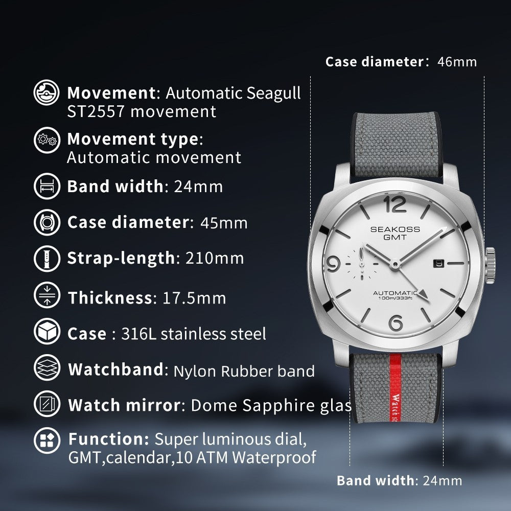 SEAKOSS GMT Automatic Watch for Men 45mm, Self Winding Mechanical Wrist Watch with Seagull ST2557 Movement, Sapphire Crystal, 10ATM Waterproof, Luminous Hands, Stainless Steel Date Watch（副本）（副本）