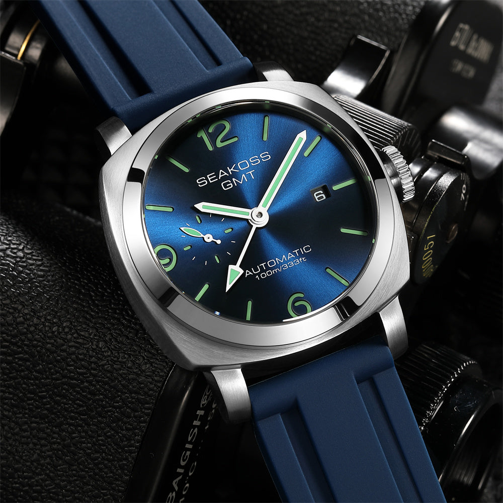 SEAKOSS GMT Automatic Watch for Men 43mm, Self Winding Mechanical Wrist Watch with Seagull ST2557 Movement, Sapphire Crystal, 10ATM Waterproof, Luminous Hands, Stainless Steel Date Watch