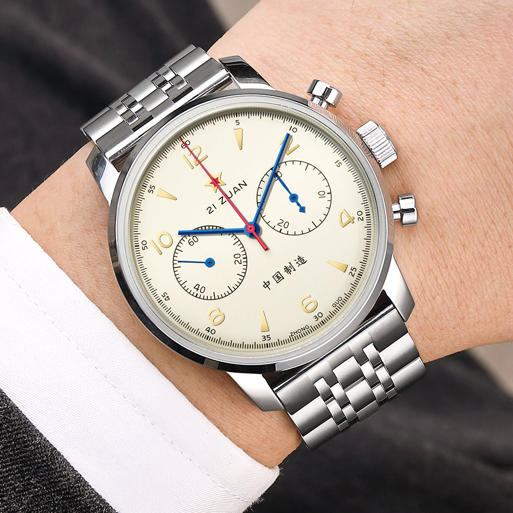 SEAKOSS Seagull 1963 42mm Men Chronograph 3D Dome Hardlex Glass Steel Strap Men's Pilot Seagull ST1901 Movement Mechanical Wristwatches