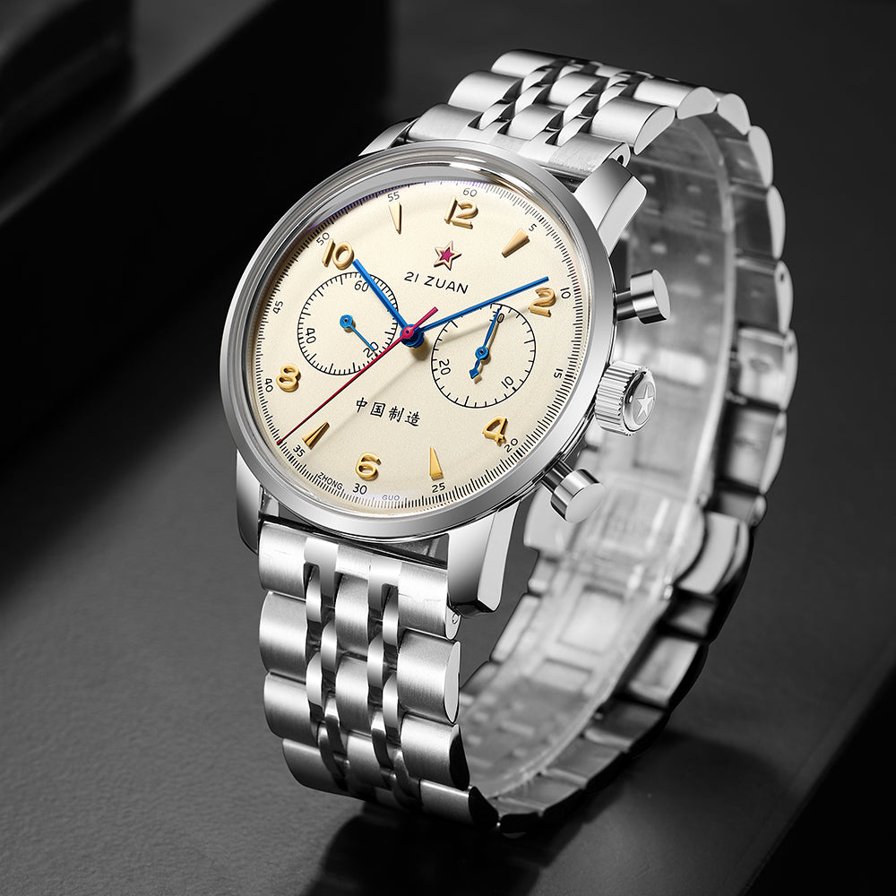 SEAKOSS Seagull 1963 42mm Men Chronograph 3D Dome Hardlex Glass Steel Strap Men's Pilot Seagull ST1901 Movement Mechanical Wristwatches