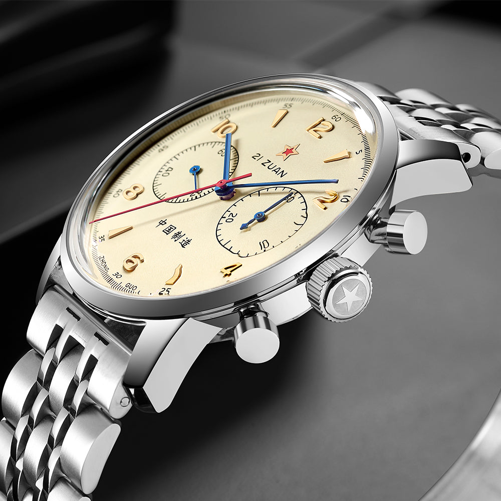 SEAKOSS Seagull 1963 42mm Men Chronograph 3D Dome Hardlex Glass Steel Strap Men's Pilot Seagull ST1901 Movement Mechanical Wristwatches