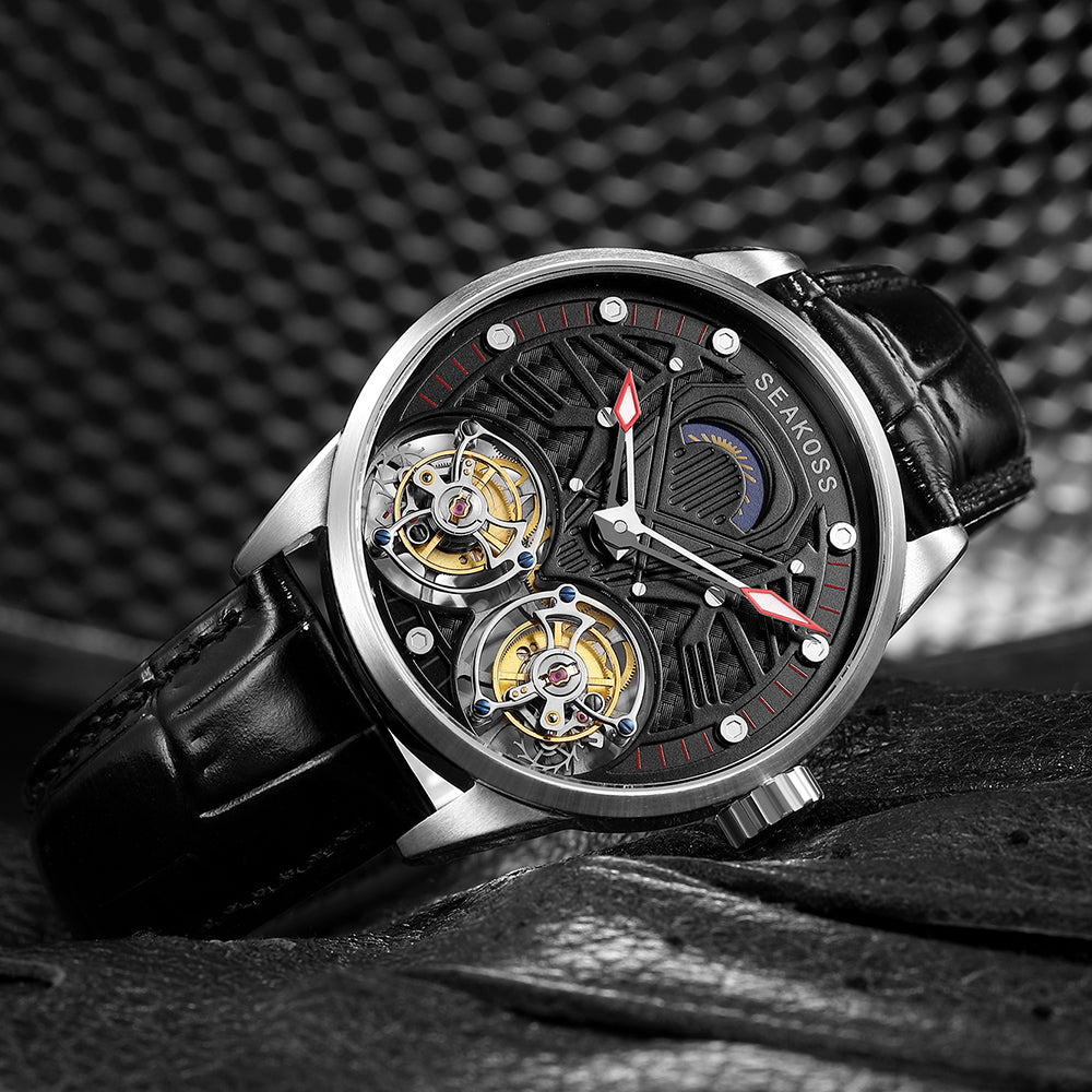 SEAKOSS Dual Tourbillon Mechanical Watch for Men 42.5mm – Sapphire Crystal Luxury Skeleton Dress Watch with Genuine Leather Strap