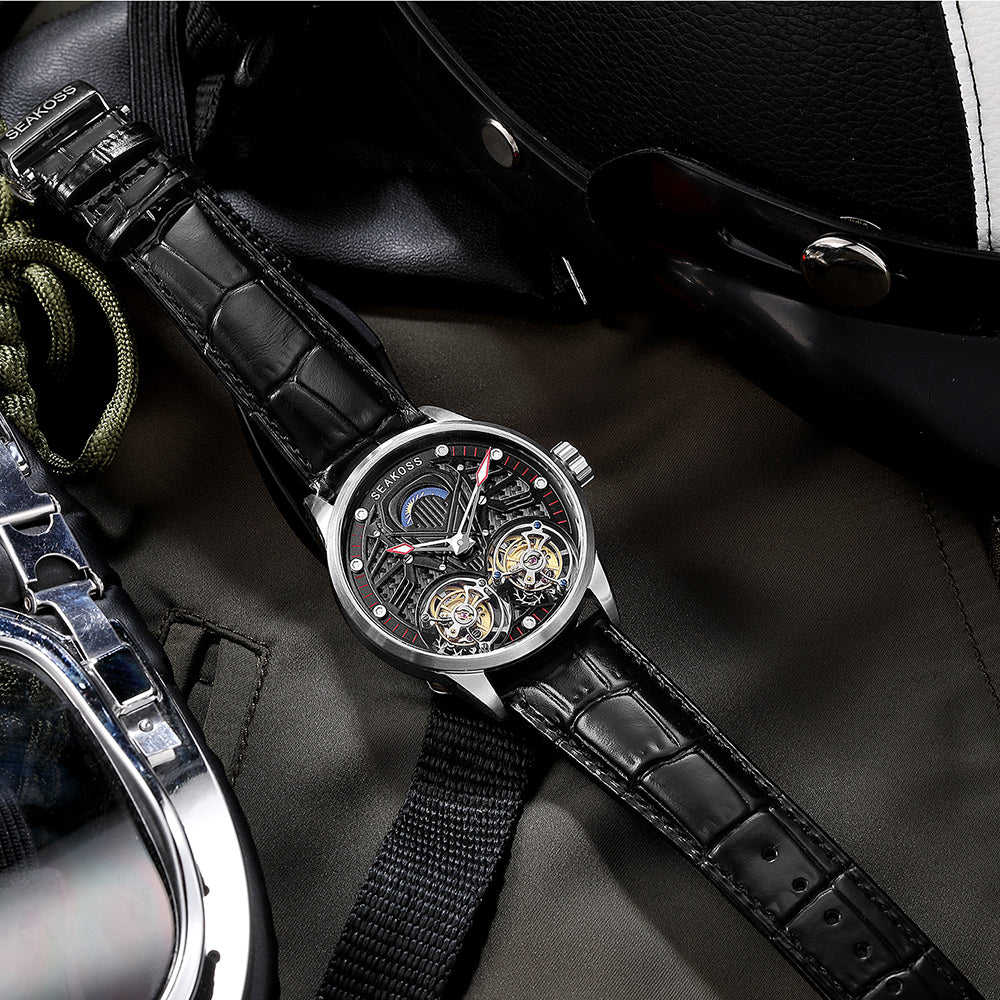 SEAKOSS Dual Tourbillon Mechanical Watch for Men 42.5mm – Sapphire Crystal Luxury Skeleton Dress Watch with Genuine Leather Strap