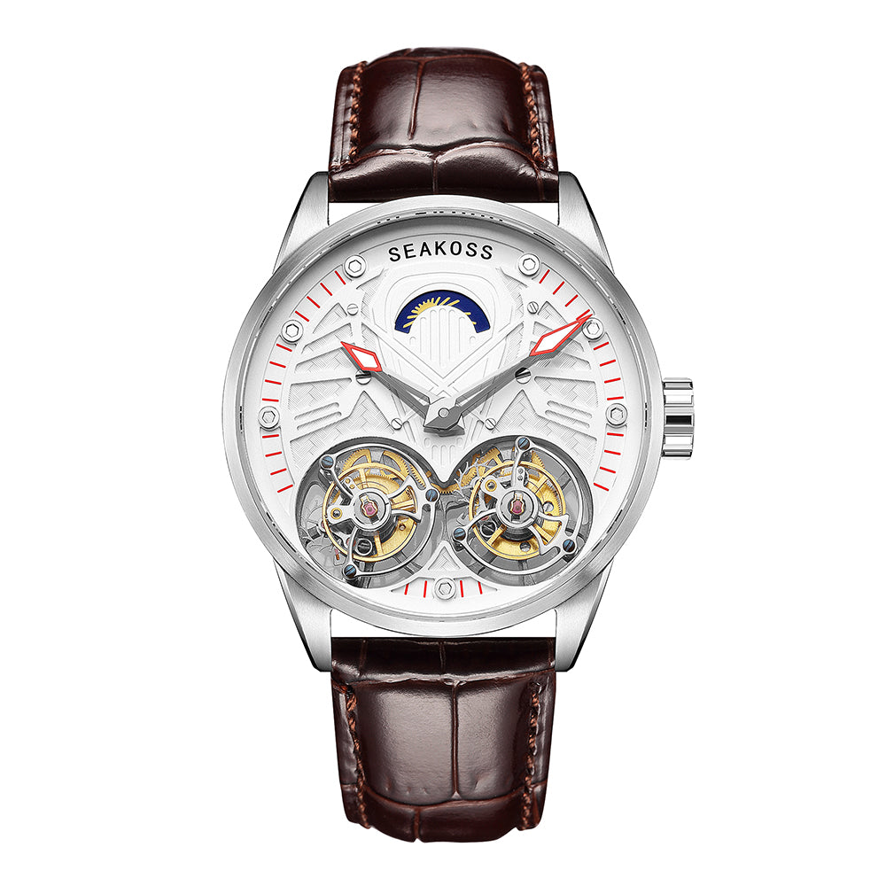 SEAKOSS Top Double Tourbillon Men's Pilot Luxury Skeleton Manual Mechanical Watch Luminous Stainless Steel Leather 1963 Watches