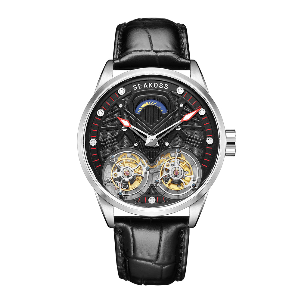 SEAKOSS Dual Tourbillon Mechanical Watch for Men 42.5mm – Sapphire Crystal Luxury Skeleton Dress Watch with Genuine Leather Strap