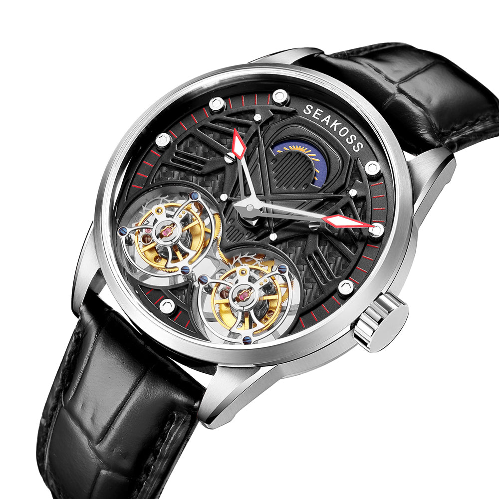 SEAKOSS Dual Tourbillon Mechanical Watch for Men 42.5mm – Sapphire Crystal Luxury Skeleton Dress Watch with Genuine Leather Strap