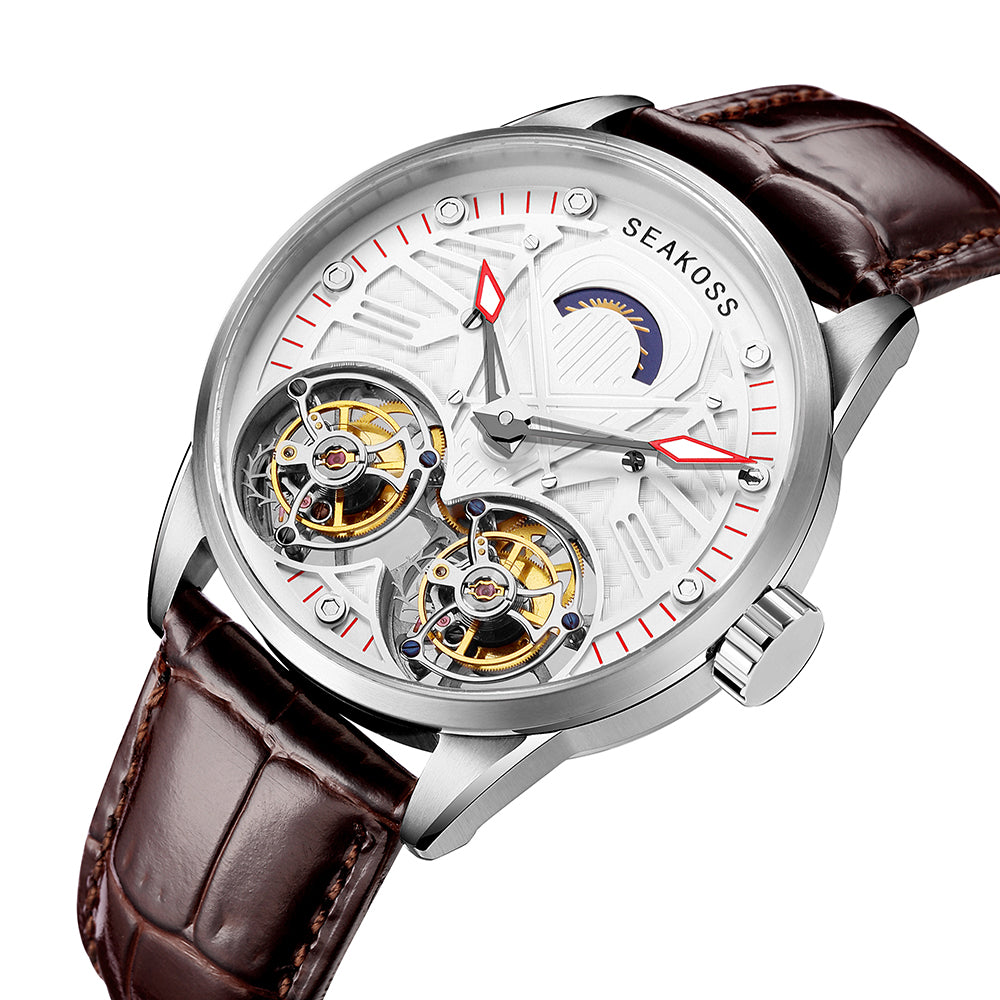 SEAKOSS Luxury Dual Tourbillon Mechanical Watch for Men 42.5mm – Skeleton Dial, Hand-Winding Movement, Sapphire Crystal & Genuine Leather Strap