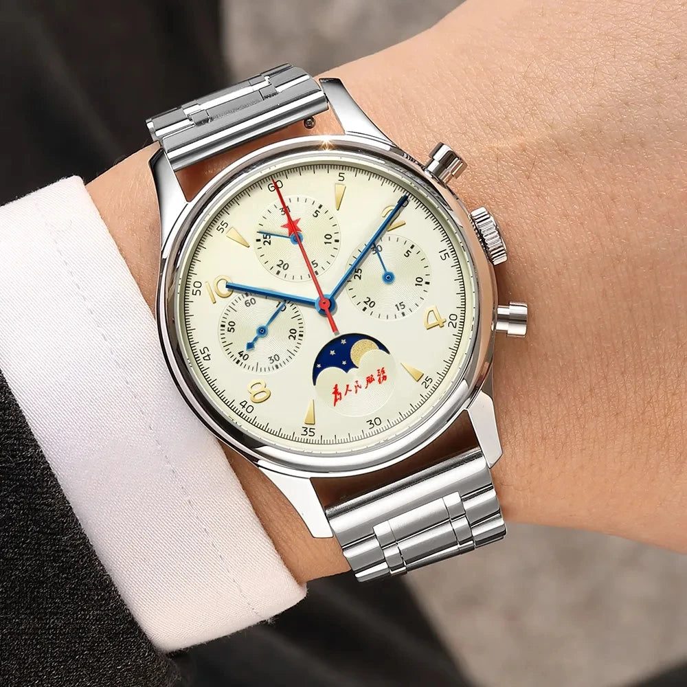 SEAKOSS Seagull 1963 40mm Moon Phase Chronograph Sapphire Glass Men Pilot Seagull ST1908 Movement Mechanical Watches