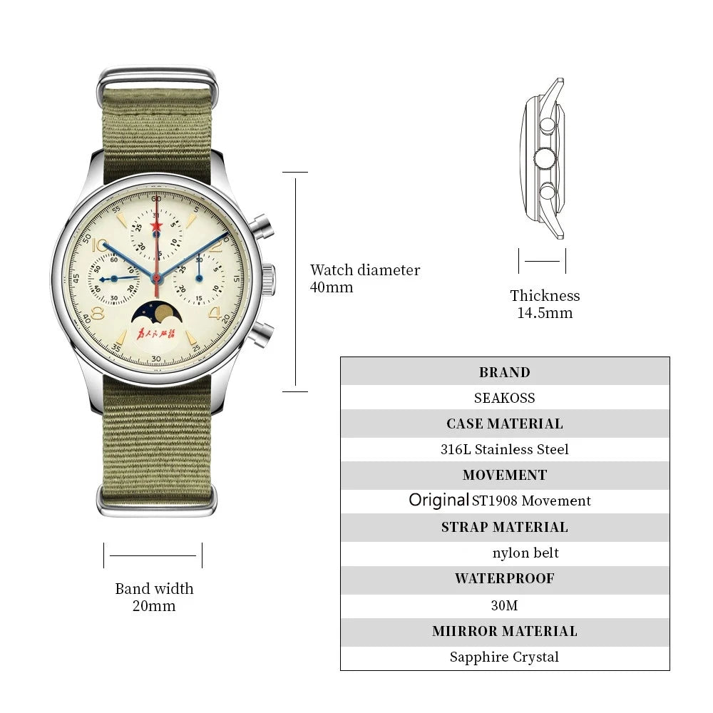 SEAKOSS 1963 ST19 Mechanical Hand Winding Movement Moonphase Men 40mm Pilot Watch Multifunction Waterproof Chronograph Watches