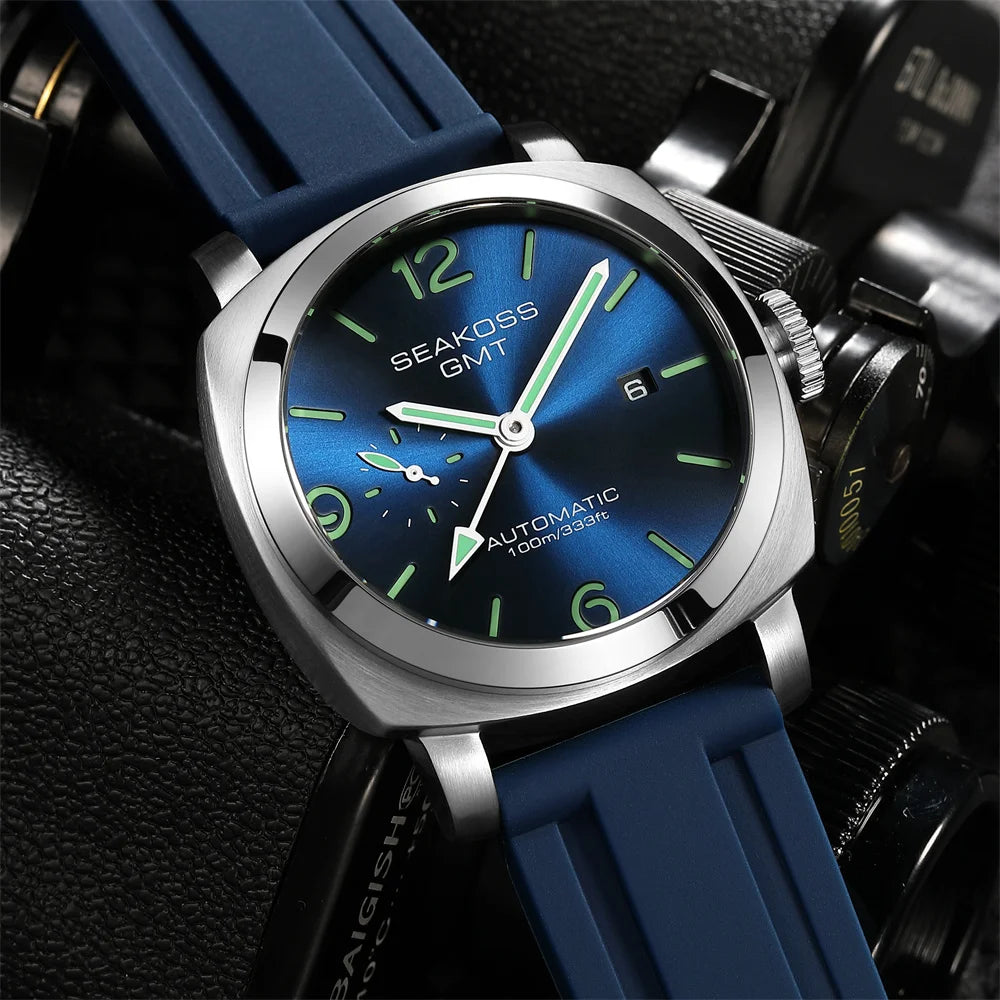 SEAKOSS 100M GMT Original ST2557 Movement Men's Diving Automatic Mechanical Watch Super Luminous Calendar Waterproof Wristwatch
