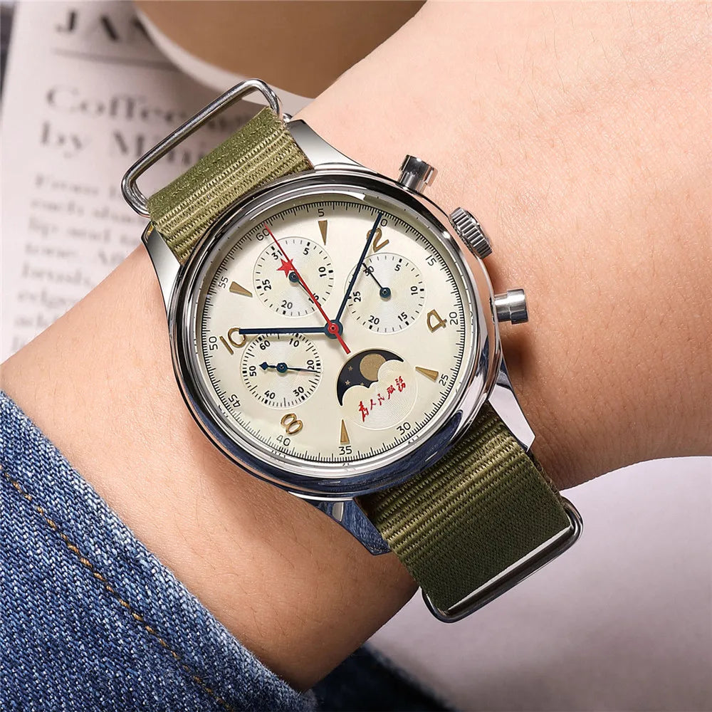 SEAKOSS 1963 ST19 Mechanical Hand Winding Movement Moonphase Men 40mm Pilot Watch Multifunction Waterproof Chronograph Watches