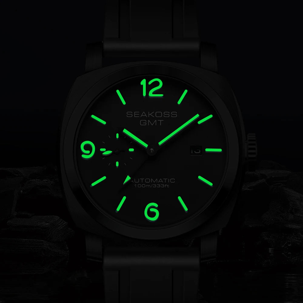 SEAKOSS 100M GMT Original ST2557 Movement Men's Diving Automatic Mechanical Watch Super Luminous Calendar Waterproof Wristwatch