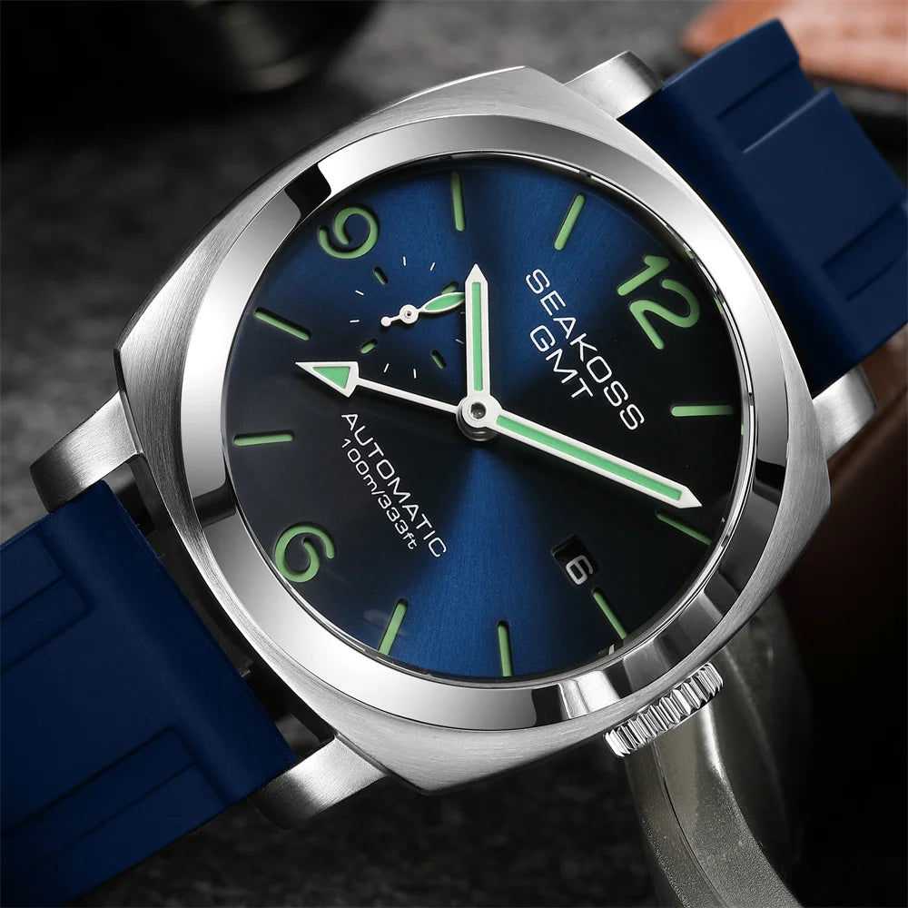 SEAKOSS 100M GMT Original ST2557 Movement Men's Diving Automatic Mechanical Watch Super Luminous Calendar Waterproof Wristwatch