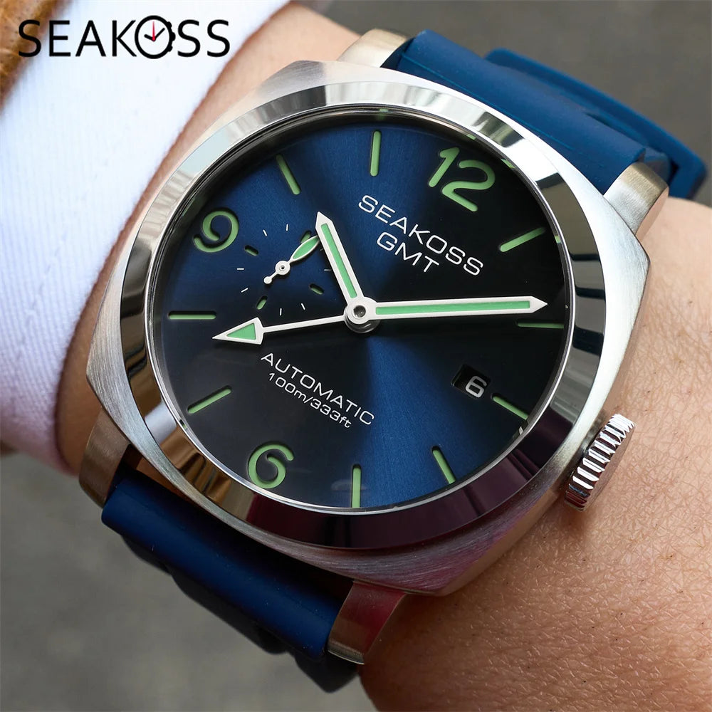 SEAKOSS 100M GMT Original ST2557 Movement Men's Diving Automatic Mechanical Watch Super Luminous Calendar Waterproof Wristwatch