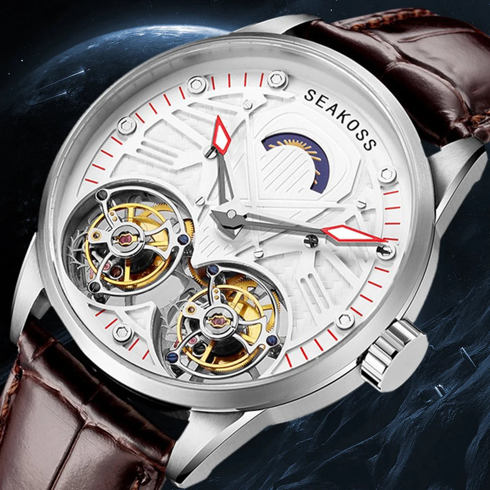 SEAKOSS Top Double Tourbillon Men's Pilot Luxury Skeleton Manual Mechanical Watch Luminous Stainless Steel Leather 1963 Watches