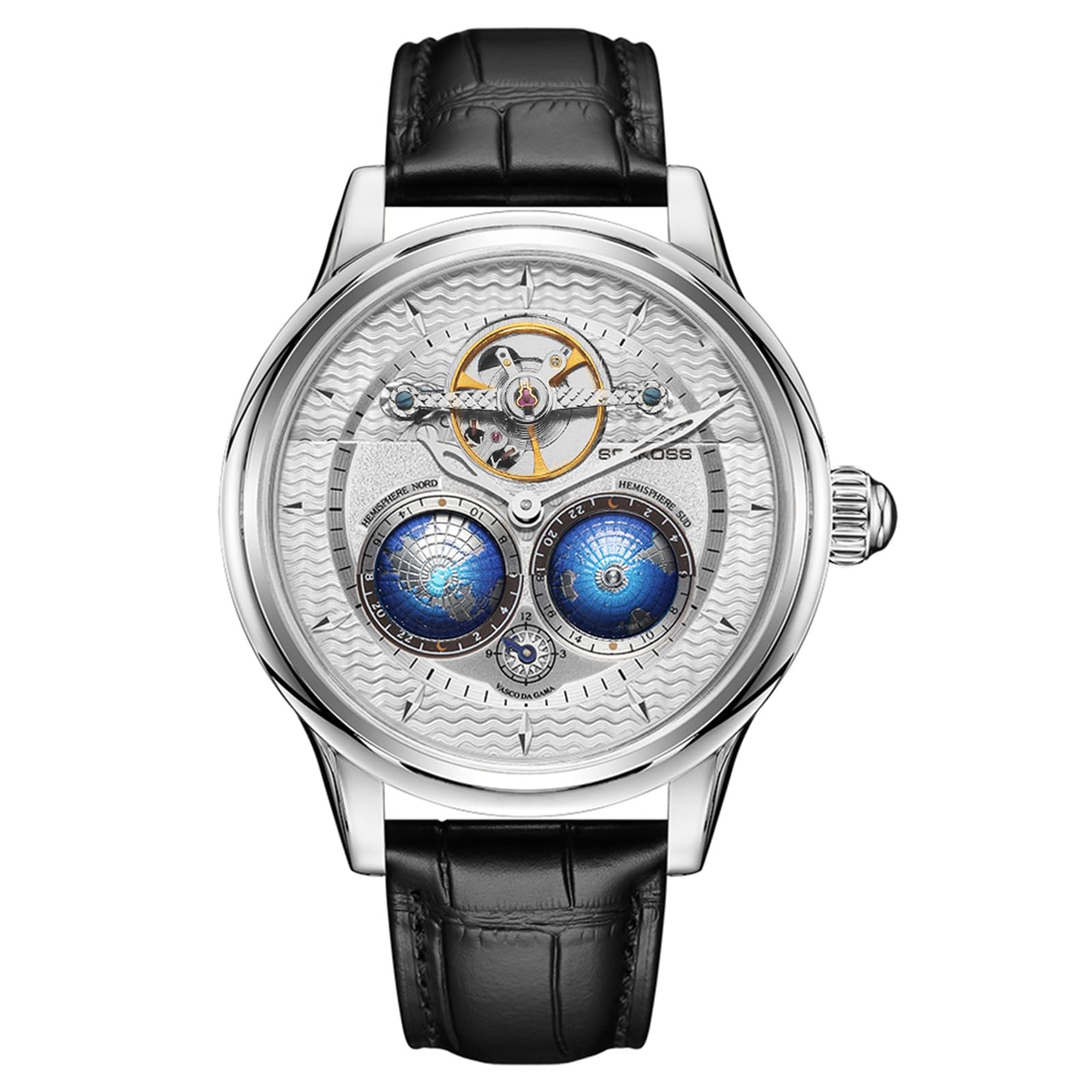 SEAKOSS Double Globe Automatic Watch for Men – Luxury Mechanical Wrist Watch with Open Heart & Leather Strap