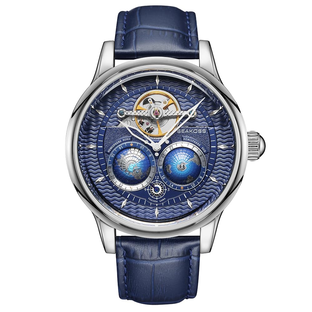 SEAKOSS Automatic Mechanical Wrist Watch for Men, 3D Earth Dial, Open Heart Movement, Stainless Steel & Leather Strap