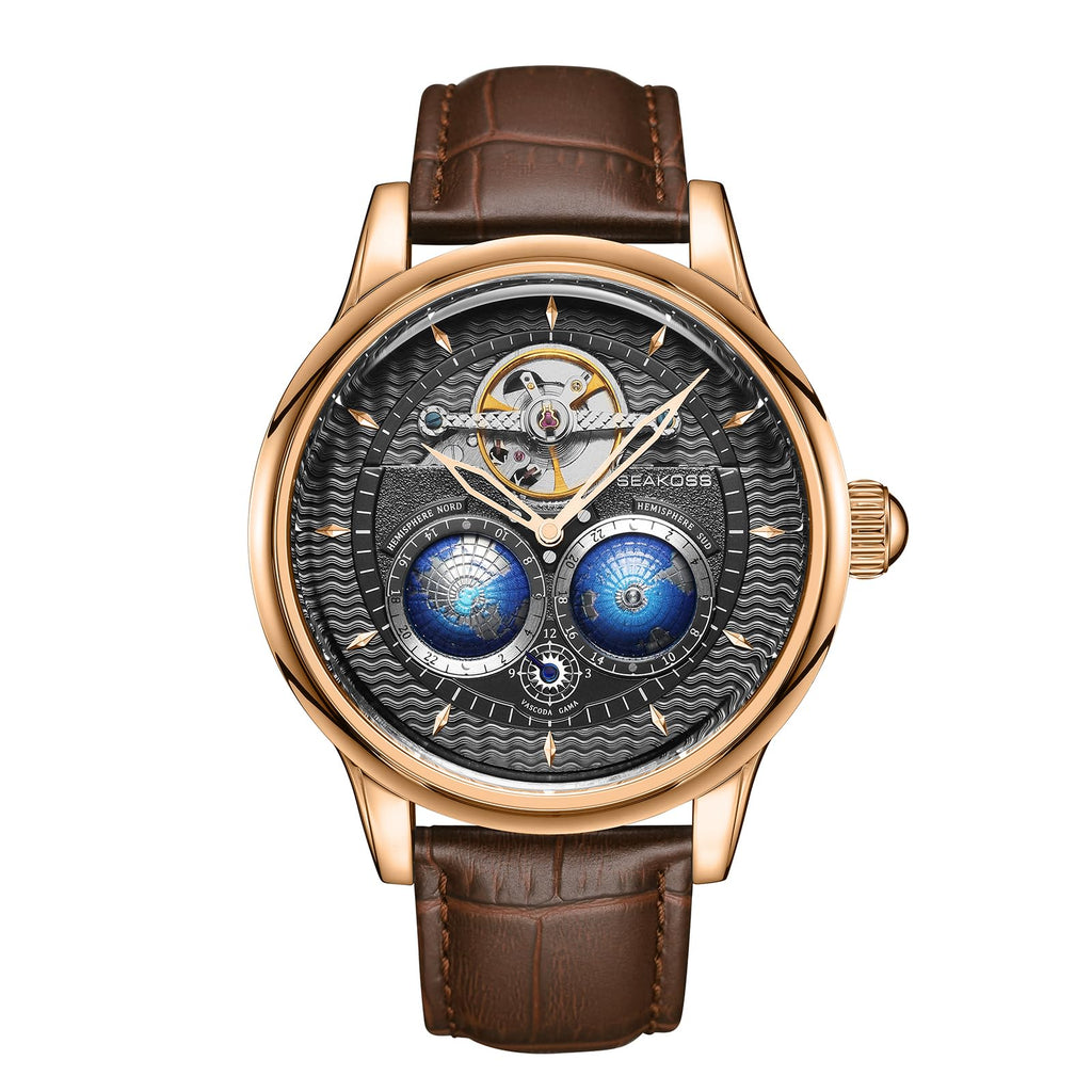 SEAKOSS Automatic Mechanical Watch for Men with 3D Double Globe Dial, Open Heart Movement, Stainless Steel Case & Leather Strap