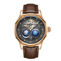 SEAKOSS Automatic Mechanical Watch for Men with 3D Double Globe Dial, Open Heart Movement, Stainless Steel Case & Leather Strap